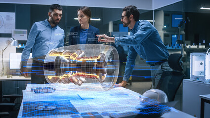 Aeronautics Factory Meeting Room: Team of Diverse Engineers and Managers Work on an Augmented...