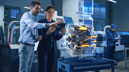 Factory Office Facility: Chief Engineer Holds Tablet Computer, Shows Augmented Reality Model of an Electric Generator to a Female Project Manager. Industry 4.0 Research and Development Center. - obrazy, fototapety, plakaty
