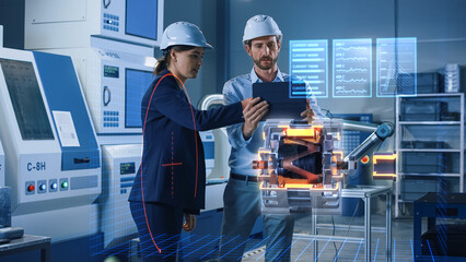 Factory Office Facility: Chief Engineer Holds Tablet Computer, Shows Augmented Reality Model of Electric Generator to a Female Project Manager. High Tech Industry 4.0 Research and Development Concept.