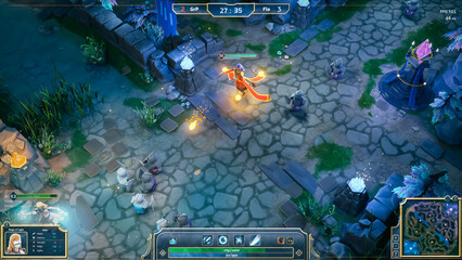 Mock-up of Fantasy RPG MOBA Video Game Gameplay with Role Playing Character Doing Animated Magic with Lots of Explosions and Spells. Fun Computer Gaming With Friends on Online Server.