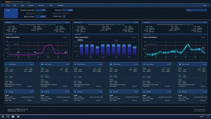 Fototapeta premium Computer User Interface Showing Various Infographics, Monitoring Data Transfer Speeds, Statistics, Analytics and Proper Functioning of Server. Software for Modern Facilities Concept.
