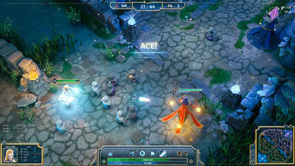 Mock-up of Fantasy RPG MOBA Video Game Gameplay with Role Playing Character Doing Magic Attacks with Lots of Explosions and Spells. Professional Computer Gaming With Friends on Online Server. © Gorodenkoff