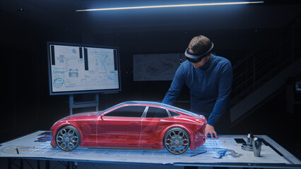 Automotive Engineer Wearing Virtual Reality Headset Working on 3D Electric Car Design, Using Gestures in Augmented Reality and Designs and Manipulates Graphical Parts, Picks Body for Chassis, Engine