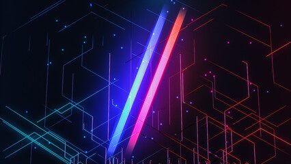 Stylish Neon Symmetrical Lines Glowing in Retro Futuristic Retrowave Fashion. Colors: Blue, Green, Pink, Red, Black. Great Abstract Technological Computer Illustration or Wallpaper Background Concept.