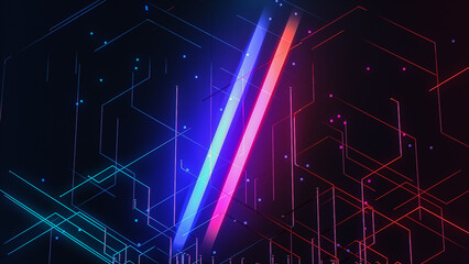 Stylish Neon Symmetrical Lines Glowing in Retro Futuristic Retrowave Fashion. Colors: Blue, Green, Pink, Red, Black. Great Abstract Technological Computer Illustration or Wallpaper Background Concept.