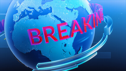 Breaking News Local Television Channel Intro Done with Conceptual 3D Logo Spinning Around Planet. TV News Station Broadcasting Intro of Reportage. Beginning of the Show Concept.