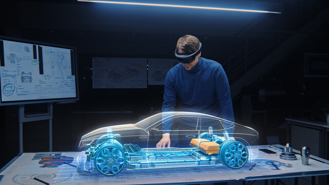 Automotive Engineer Wearing VR Headset Working on 3D Electric Car Prototype, Using Gestures in Augmented Reality. Designs and Manipulates Graphical Parts, Picks Body for the Chassis and Engine