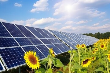 solar panels on a field of sunflowers, ai generative