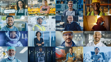 Multiple Screen Edit: Diverse Group of Professional People Smiling. Business People, Entrepreneur, Worker, Engineers, Female Astronaut, Artist, Chef, CEO, IT Specialist. Happy Workers of the World