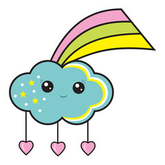 Cute kawaii doodle rainbow with clouds. Hand drawn colorful vector illustration.