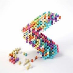 Arrow sign made out of multi colored spheres, cubes and cylinders connected together into pattern on white background. generative ai