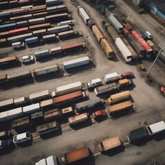 Aerial shot above a variety of freight trucks. generative ai