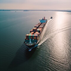 Fototapeta premium Container loading cargo freight ship boat. generative ai