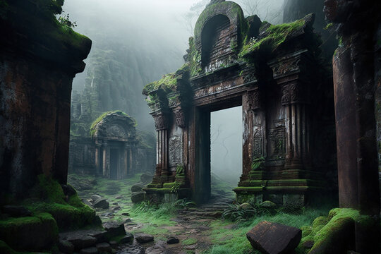 Mystery ancient civilization stone temple ruins in mist. Generative AI illustration