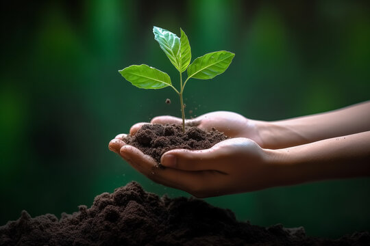 Keimling, junge Pflanze oder junger Baum wird gepflanzt, Person h&auml;lt Erde mit Pflanze in Hand - Thema Naturschutz und Regenwald - Generative AI