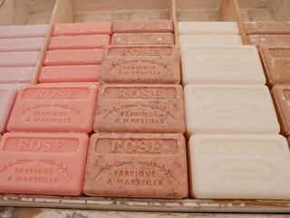 Assortment of handmade soaps from Marseille on market in Aix-en-Provence, Provence, France.