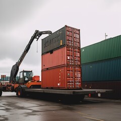 Lifting with a forklift truck Cargo containers in a shipping yard for import and export against a morning sky. generative ai