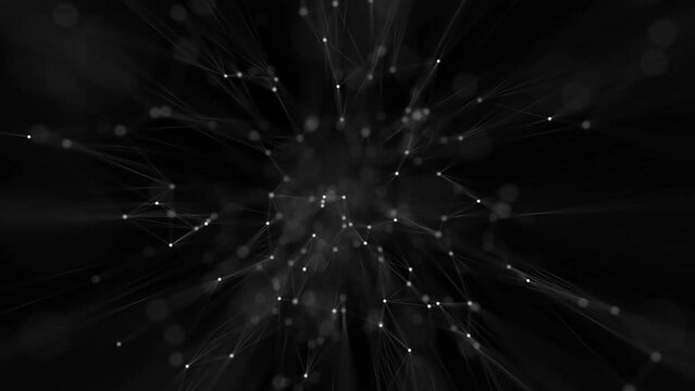 A high-tech screensaver of white particles flying against a black background. Seamless loop.