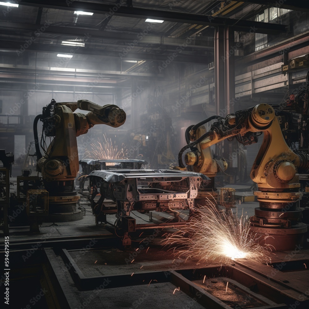 Poster robots that weld at a vehicle factory.. generative ai