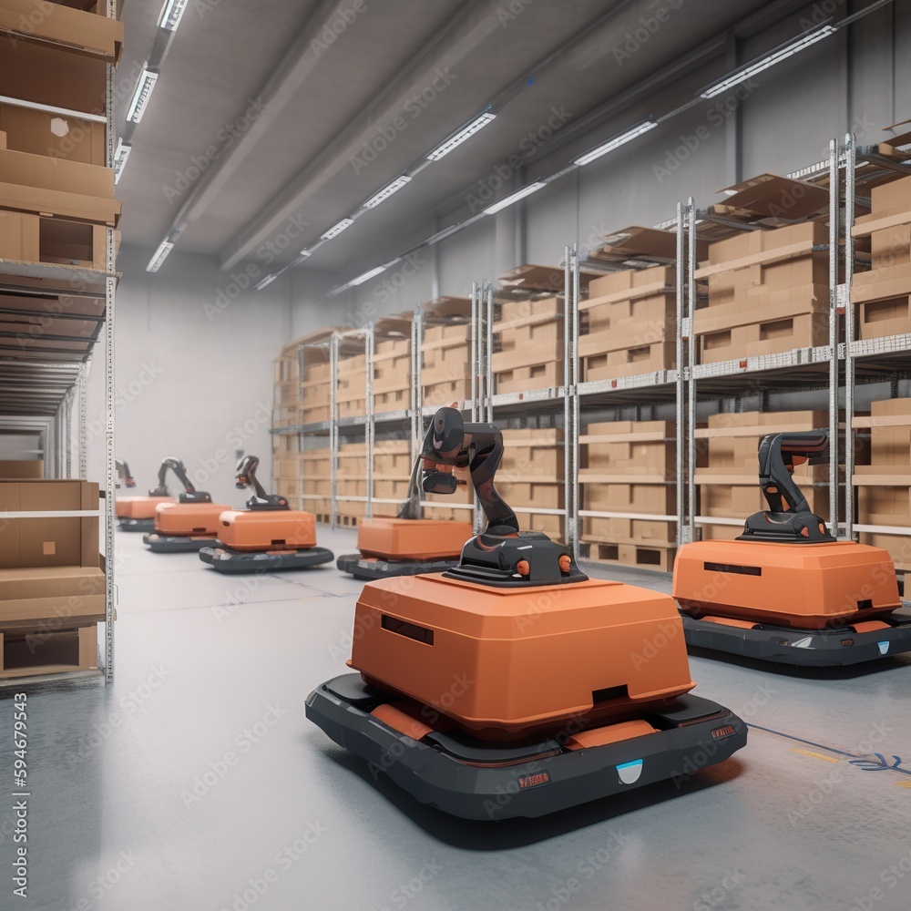 Poster automated robot carriers and robotic arm in smart distribution warehouse. generative ai