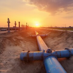 Oil Or Gas Transportation With Blue Gas Or Pipe Line Valves On Soil And Sunrise Background. generative ai