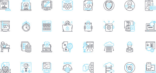 Online Defense linear icons set. Firewall, Encryption, Vulnerabilities, Malware, Cybersecurity, Authentication, Phishing line vector and concept signs. Forensics,Privacy,Identity outline illustrations