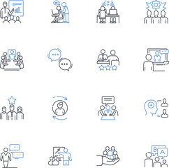 Symposium line icons collection. Conference, Discussion, Dialog, Colloquium, Forum, Conclave, Gathering vector and linear illustration. Meetup,Seminar,Convention outline signs set - obrazy, fototapety, plakaty