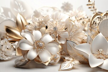 3d Flowers And Gold Jewelry Wallpaper. Generative AI