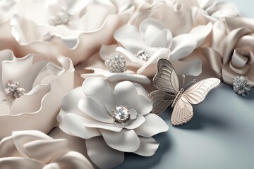 3d Wallpaper Jewelry Flowers And Butterflies On Silk Background. Generative AI