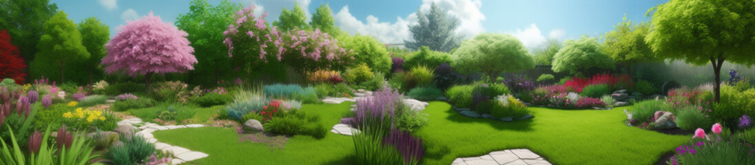 Fototapeta na wymiar 植物があふれるエキゾチックで日本風の庭　横長サイズ　ワイドサイズ