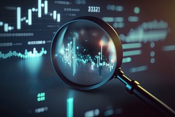 Close up of magnifying glass highlighting business growth chart with upward trend. Generative AI