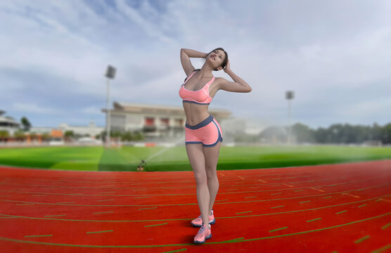 Female stretching outdoor. Young Sportswoman stretching in stadium track. 3D illustration people.