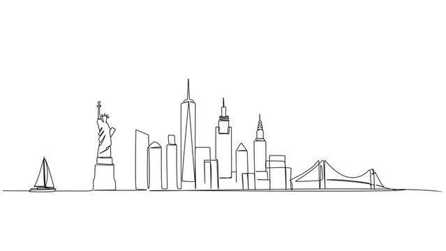 animated continuous single line drawing of abstract New York City skyline, line art NYC city scape animation