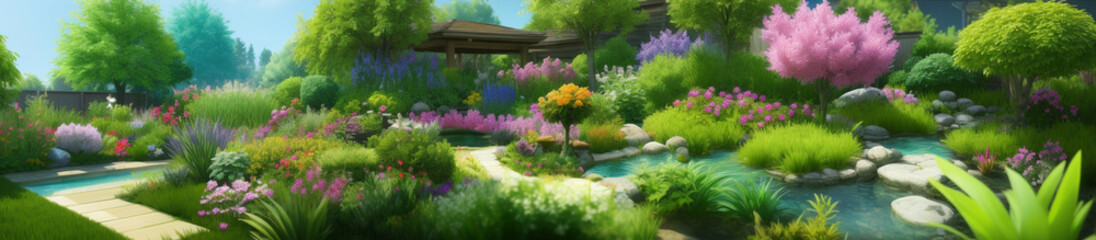 植物があふれるエキゾチックで日本風の庭　横長サイズ　ワイドサイズ