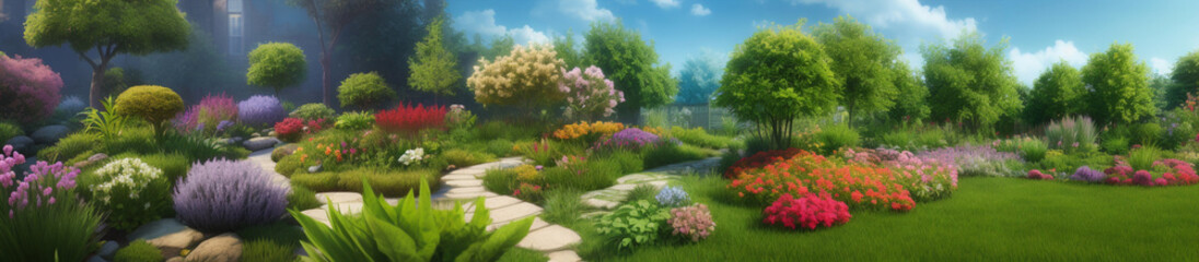 植物があふれるエキゾチックで日本風の庭　横長サイズ　ワイドサイズ