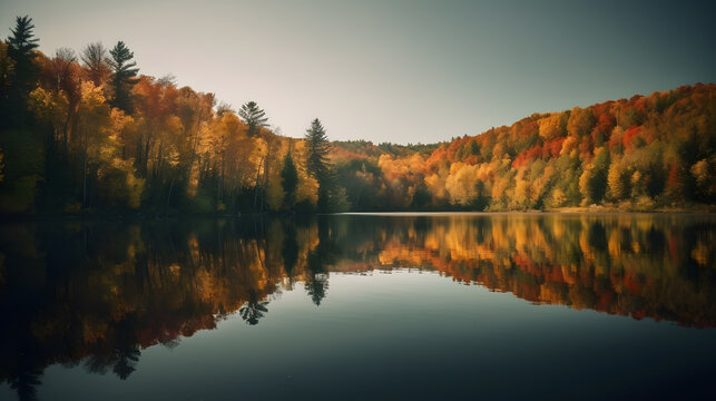 A serene and calming shot of a calm lake surrounded by trees with fall foliage.