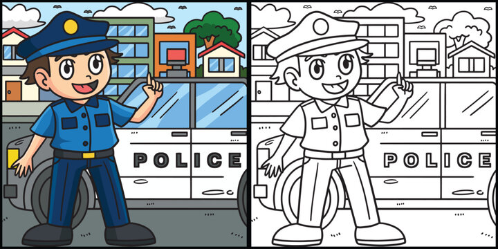 Policeman Coloring Page Colored Illustration