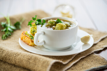Hot cooked soup with Brussels sprouts, vegetables and croutons, in a plate.