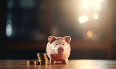 Investment Concept with Piggy Bank and Stack of Coins on Table Against Blurred Home Background