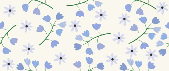 Vector seamless illustration. Abstract spring flowers on a light background. Cute cornflowers and daisies pattern in blue to print. Ideal for the design of textiles, postcards, screensavers.