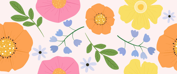 Vector seamless illustration. Abstract summer flowers and leaves on a light pink background. Cute printable pattern. Ideal as a saber, for designing textiles, cards, screensavers, posters and more.