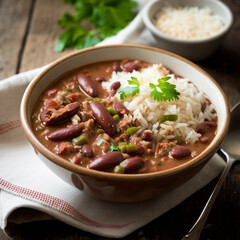 Rajma red bean masala, red bean kidney curry, with rice in a clay bowl