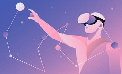 Man wearing virtual reality headset and reaches out with his hand to an abstract sphere. Vector illustration.