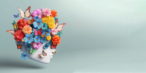 Human head with flowers, bright intellect, generated by AI