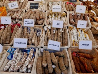 Assortment of French sausages at local farmer's market in Aix-en-Provence, Provence, France.