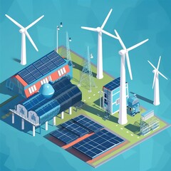 Energy businesses. Windmills. Panels for solar energy. Eco-power plant. The energy sector. Energy from renewable sources. Power plant that is environmentally friendly. generative ai