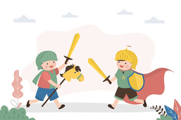 Funny boys play knights. Caucasian kids with sword, helmet and shield. Children game, imagination. Preschoolers uses children toy accessories to play.