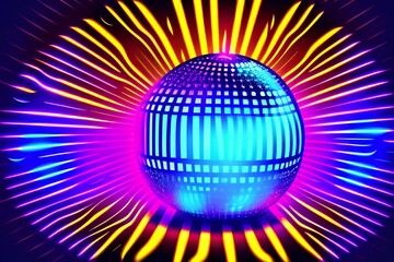 Neon illuminated disco ball with glowing rays. Music and dance night party background. - generative ai