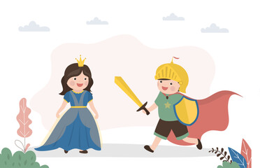 Funny preschool children play fairy tale characters. Cute boy is dressed as knight, girl is dressed as beautiful princess. Imagination, kids play, happy childhood.