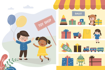 Cheerful children stand at window of toy shop. Start of sale in store. Discount days in toy supermarket, children are excited about their upcoming purchases. Happy childhood.